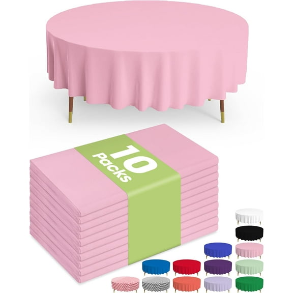 PrimeCook Shop Plastic Table Cloth Disposable 10 Pack, 84'' Round Table Cloths, Easter Party, Valentines, Mothers Day Decorations, Tablecloths, Round, Pastel Plastic Cover, Leakproof & Sturdy, Pink