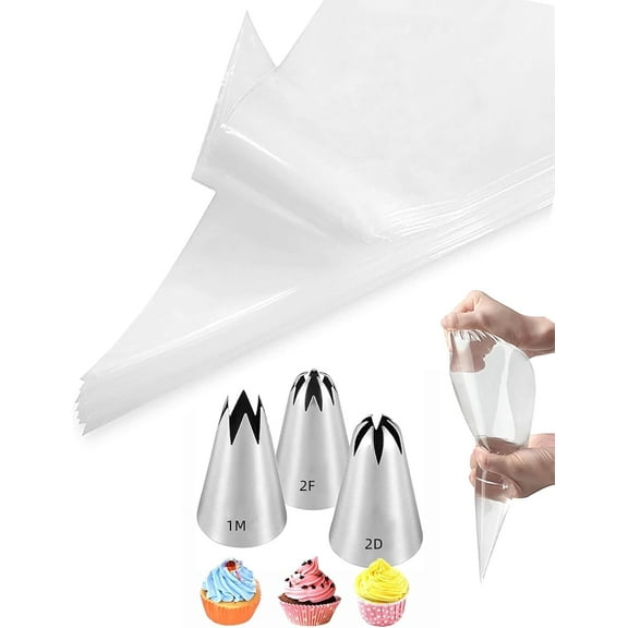 KitchenKey 1M 2D 2F Piping Tip Set,3 Pcs Large Decorating Tips with 20 Pcs Disposable Icing Bags 12inch for Cake Cupcake Decorating
