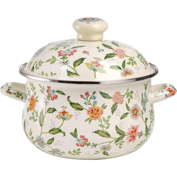 2.8 Quart Vintage Enamel Cooking Pot with Lid, Green Floral Enamelware Simmer Pot Saucepan with Dual Handles for Gas Electric Stovetop, Soup Bowl Gift for Housewarming Wedding Bridal Shower