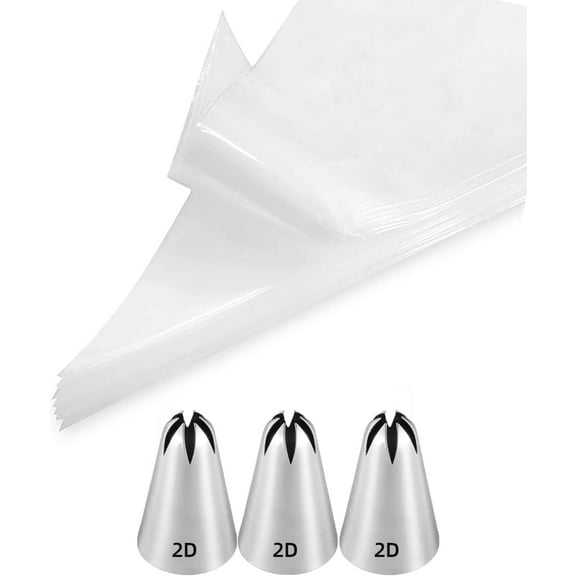 KitchenKey 2D Piping Tip and Bags Set,2D Closed Star Tip 3 pcs with 20 Disposable Pastry Bags for Cake Decorating,23 Pcs