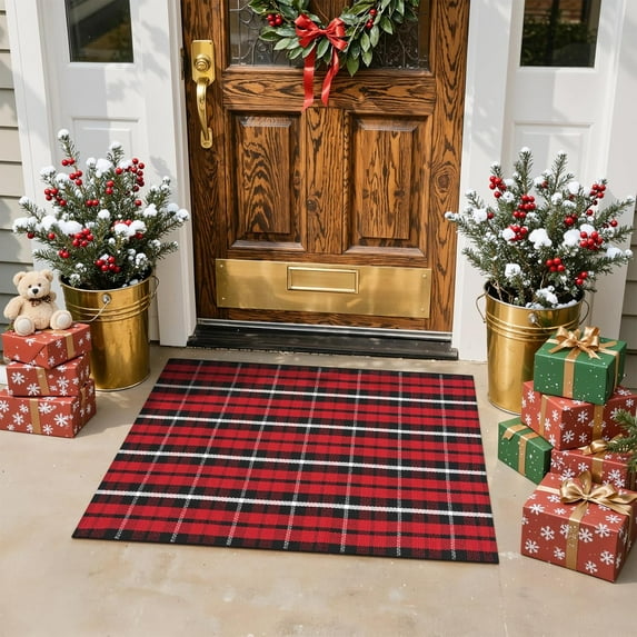 KitchenKey Christmas Outdoor Rug 2x3,Washable Buffalo Plaid Door Mat,Xmas Black and Red Checkered Front Porch Doormat,Welcome Layered Entryway Rugs, Christmas Rug Outdoor for Farmhouse/Bathroom Decor