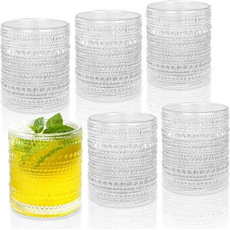 KitchenKey Cocktail Glasses 10 oz Hobnail Drinking Glasses Set of 6, Vintage Glassware, Textured Glass Cups Bubble Glasses Water Glasses Old Fashion Jupiter Glasses Set, clear