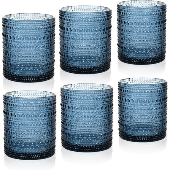 KitchenKey Cocktail Glasses 10 oz Hobnail Drinking Glasses Set of 6, Vintage Glassware, Textured Glass Cups Bubble Glasses Water Glasses Old Fashion Jupiter Glasses Set, Blue