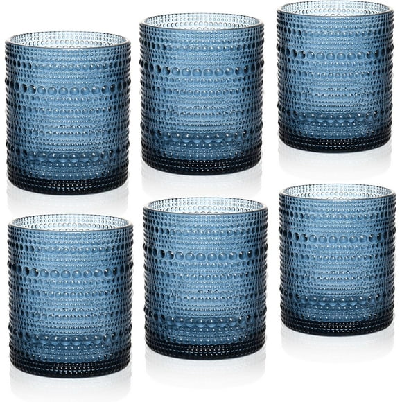 KitchenKey Cocktail Glasses 10 oz Hobnail Drinking Glasses Set of 6, Vintage Glassware, Textured Glass Cups Bubble Glasses Water Glasses Old Fashion Jupiter Glasses Set, Blue