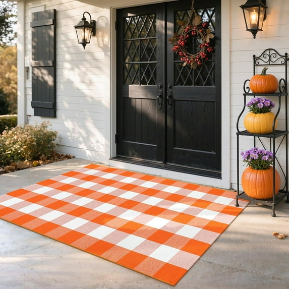 KitchenKey Halloween Rug Outdoor 3x5, Orange and White Buffalo Plaid Fall Front Porch Rug Decor, Washable Thanksgiving Checkered Layered Entryway Doormat for Farmhouse Kitchen Patio Bathroom Bedroom