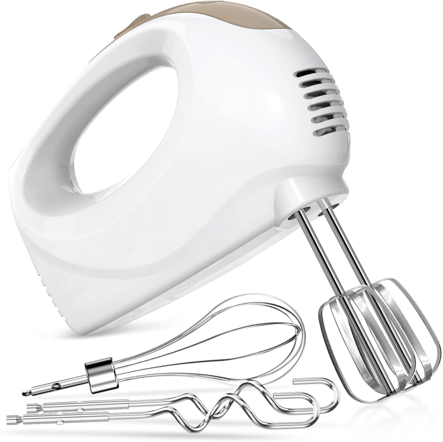 KitchenKey Handmixer - 5 Speed Portable Kitchen Mixer Electric Handheld with 5 Stainless Steel Accessories Whisk, Food Beater, Ivory