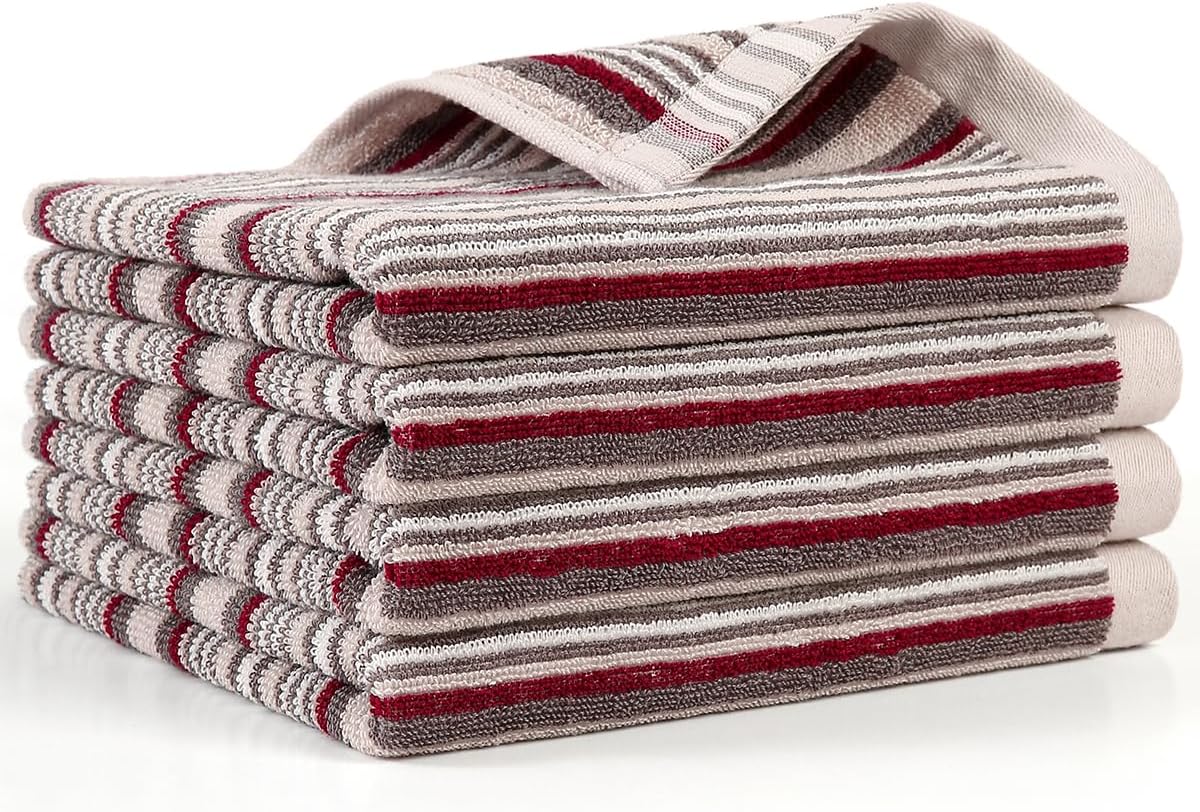 KitchenKey Premium Cotton Kitchen Dish Towels for Drying Dishes,Large Long Kitchen Hand Towels, Thick Highly Absorbent Dish Clothes Tea Towel Sets with Hanging Loop, 16" X 26",4 Pcs,Gray and Wine Red