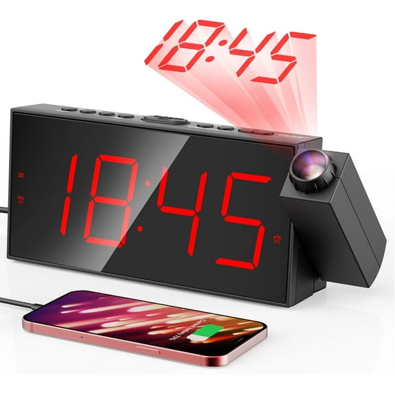 KitchenKey Projection Alarm Clock, Digital Clock with 180° Rotatable Projector, 5-Level Brightness Dimmer, Clear LED Display, USB Charger, Progressive Volume, 9mins Snooze,12/24H, for Bedroom