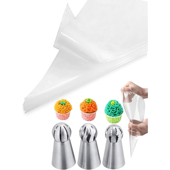 KitchenKey Russian Ball Piping Tips Set with Bags,3 Pcs Russian Piping Tips Flower for Cake Decorating & 20 Disposable Pastry Bags 12inch for Frosting