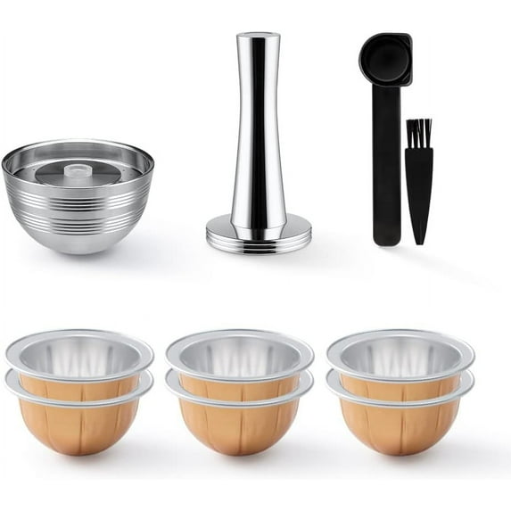 KitchenKey Stainless Steel Reusable Vertuo Capsule ONLY Compatible With VERTUO NEXT+EMPTY Refillable Alumium-VERTUO-Pods-80+150+230ml Each 2 Pcs +Coffee Tamper ForNespressoVertuoNext Reusable Pods