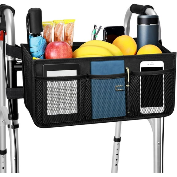KitchenKey  Upgraded Walker Basket with Cup Holder, Foldable Walker Bag with Large Capacity & Never Tipping Over- Not Fit for Rollator