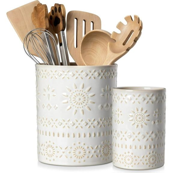 KitchenKey Utensil Holder, 7.2"+5.4" Ceramic Utensil Holder for Countertop, Large Cooking Utensil Crocks for Kitchen Counter, Farmhouse Utensil Vase for Housewarming, Kitchen Decor, Set of 2, Oasis