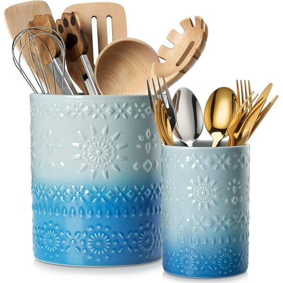 KitchenKey Utensil Holder, 7.2"+5.4" Ceramic Utensil Holder for Countertop, Large Cooking Utensil Crocks for Kitchen Counter, Farmhouse Utensil Vase for Housewarming, Kitchen Decor, Set of 2, Oceans