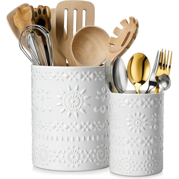 KitchenKey Utensil Holder, 7.2"+5.4" Ceramic Utensil Holder for Countertop, Large Cooking Utensil Crocks for Kitchen Counter, Farmhouse Utensil Vase for Housewarming, Kitchen Decor, Set of 2, Snow
