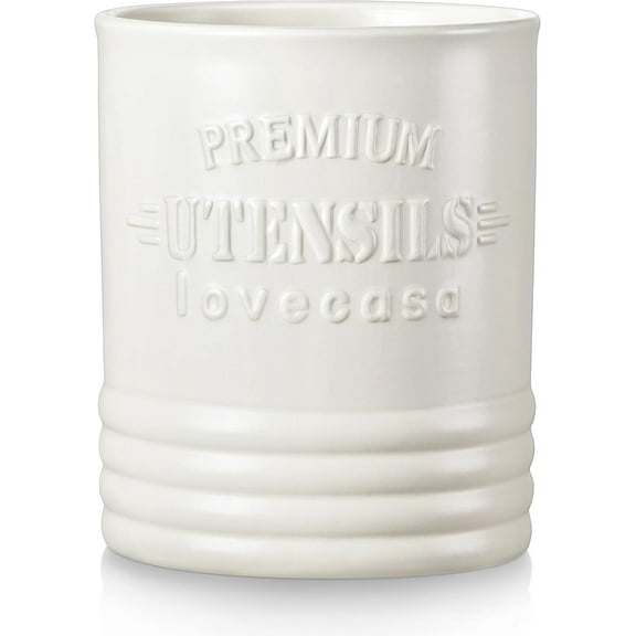 KitchenKey Vintage Utensil Holder for Kitchen Countertop, 7.2” Large Ceramic Utensil Crock for Home Décor, Farmhouse Utensil Vase for Housewarming, Wedding, Birthday Gift - Cream White