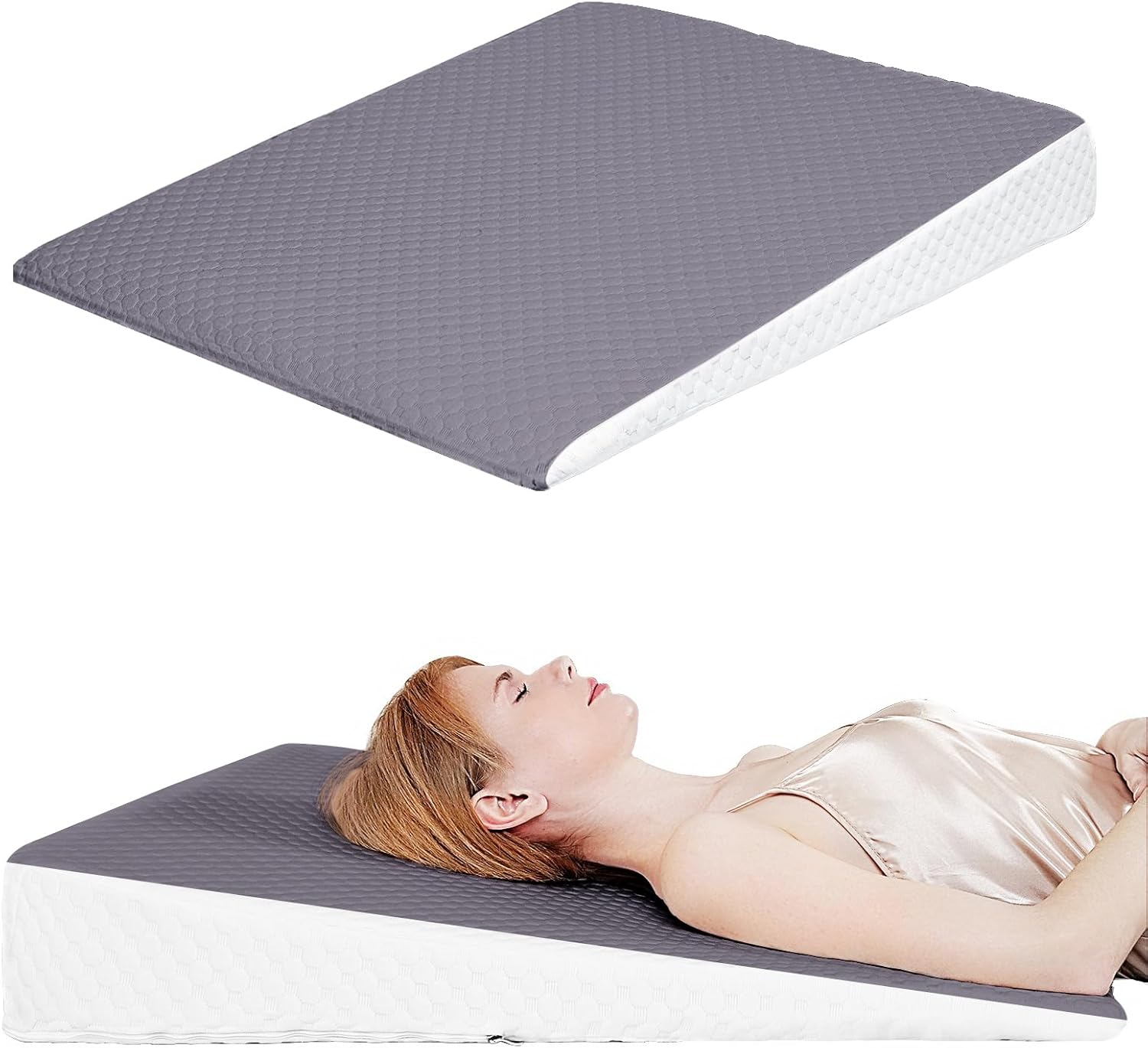 KitchenKey Wedge Pillow, Bed Wedge Pillows for Sleeping, Snoring, Back Support, After Surgery, Foam Triangle Pillow, Removable Washable Cover (Gray White 5in, 5in)