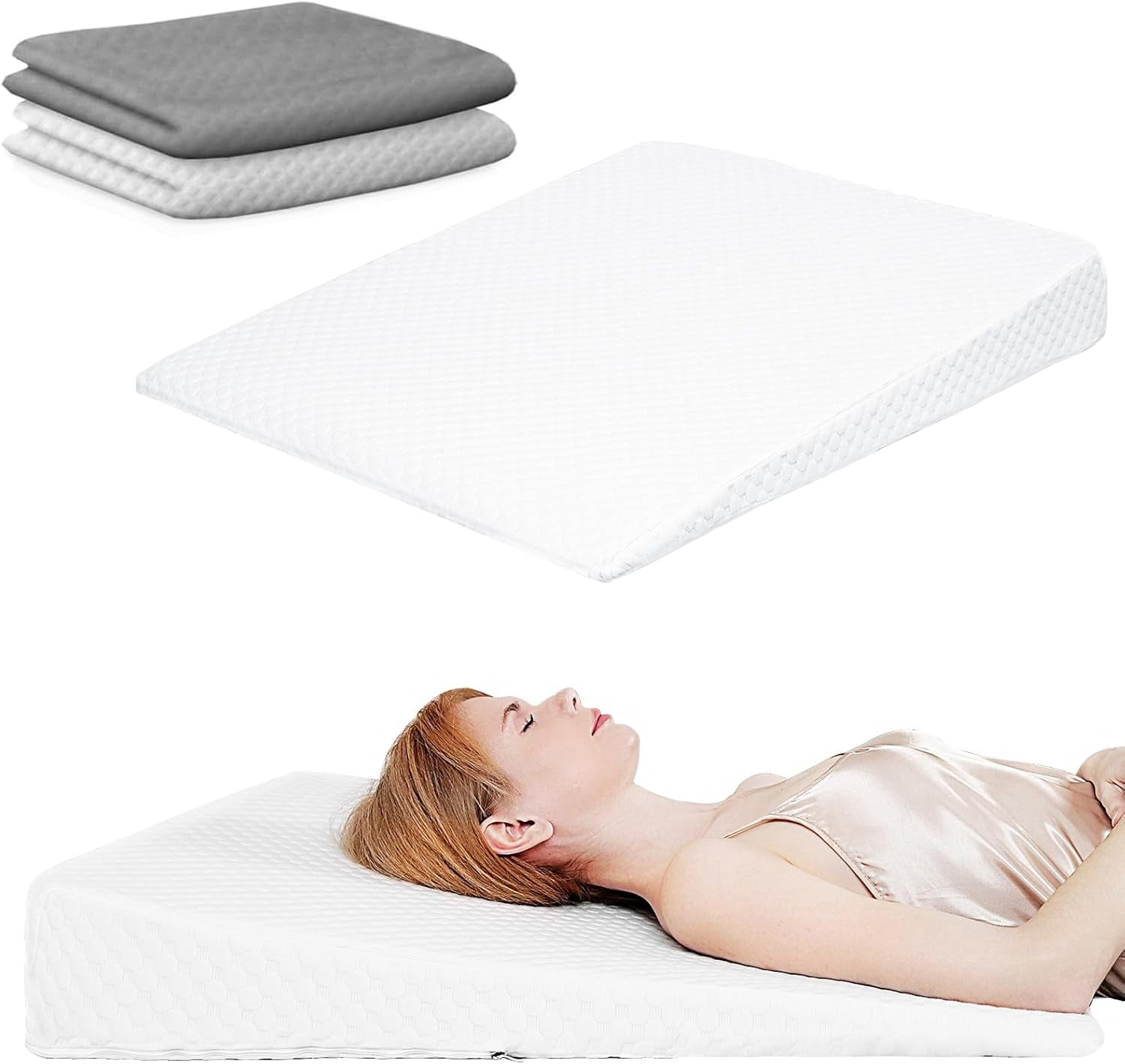 KitchenKey Wedge Pillow, Bed Wedge Pillows for Sleeping, Snoring, Back Support, After Surgery, Foam Triangle Pillow, Removable Washable Cover (Gray White, 5in)