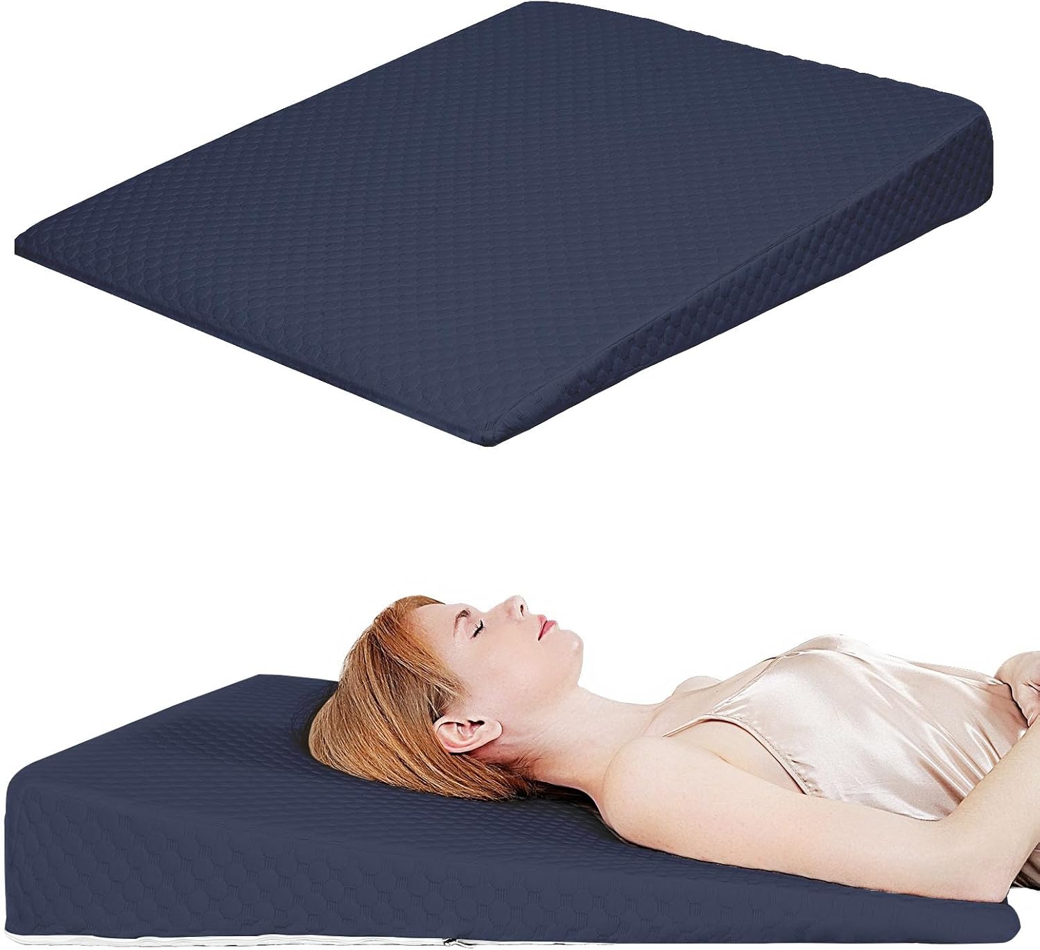 KitchenKey Wedge Pillow, Bed Wedge Pillows for Sleeping, Snoring, Back Support, After Surgery, Foam Triangle Pillow, Removable Washable Cover (Navy, 5in)
