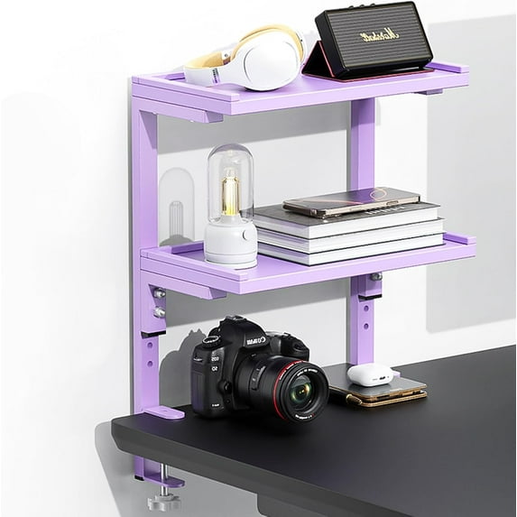 KitchenKey clamp on Desk Shelf, 2 Tier Office Desk Shelves Organizer, Wood Desktop Supplies Storage Rack, Desk Organizers and Accessories (Purple)