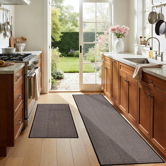 KitchenNon Slip Washable Set of 2 PCS, Cushioned Rugs for Kitchen Floor, Absorbent Runner Rug Comfort Mats with Rubber Backing for Kitchen, Hallway, Office, Bathroom, Home Black, 20"x32"+20"x47"