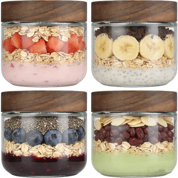 KitchenSavvy Wide Mouth Mason Jars with Acacia Wood Lids, Airtight Glass Storage Containers for Meal Prep, 16oz (4-Pack)DSF