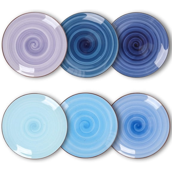 KitchenTour Ceramic Dinner Plates, 8 Inch Porcelain Serving Plate for Salad, Dessert Pizza Steak Pasta Plates Set, Dishwasher and Microwave Safe - Set of 6, Assorted Cool Colors