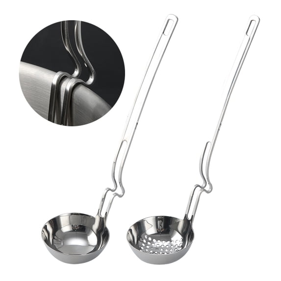 KitchenTrend 2-piece 18/0 Side Rest Hanging Ladle & Slotted Spoon Strainer Set with Unique S-Curved Handles, Stainless Steel