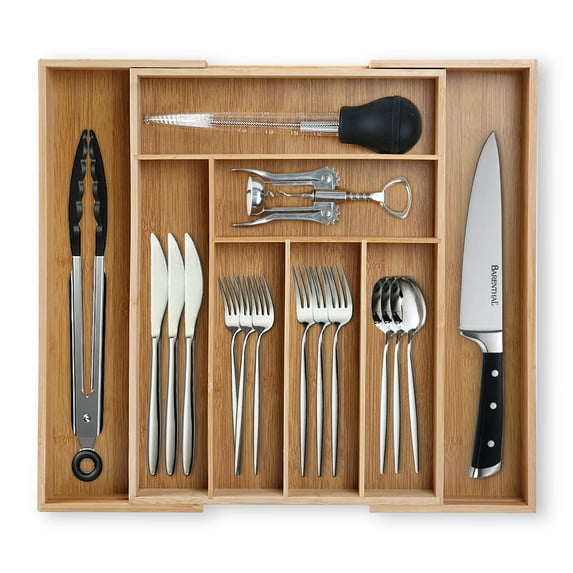 KitchenTrend 8 Slots Expandable Silverware Drawer Organizer, Adjustable Bamboo Kitchen Organizers and Storage