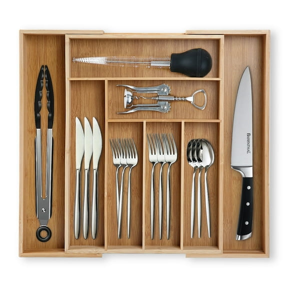 KitchenTrend 8 Slots Expandable Silverware Drawer Organizer, Adjustable Bamboo Kitchen Organizers and Storage