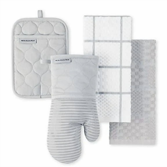 Kitchenaid 4Pc Set  2 Towels, Oven Mitt, Potholder - Quilted Cotton Gray