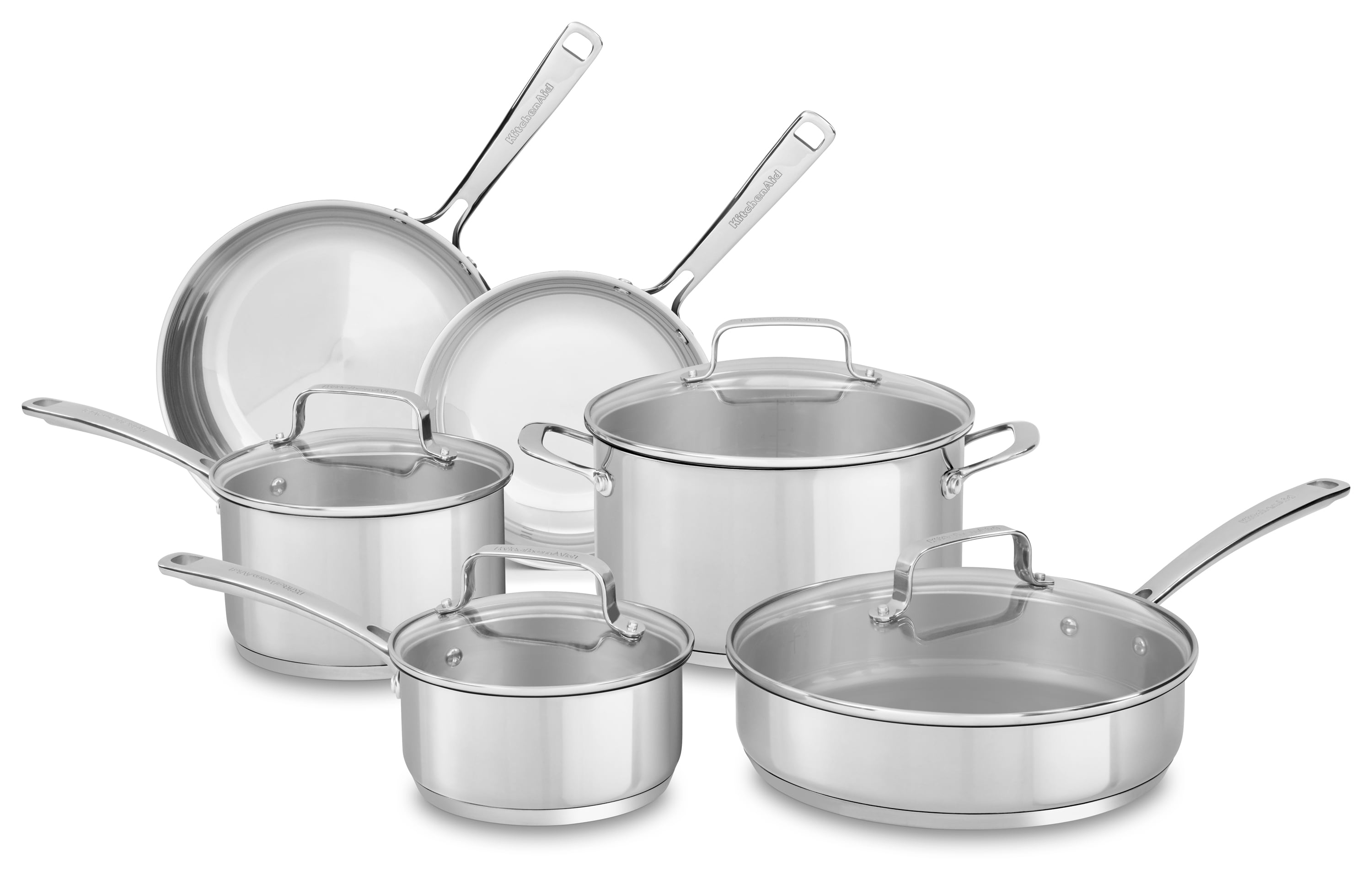 KitchenAid Stainless Steel Cookware Set, 10-Piece, Brushed Stainless Steel  