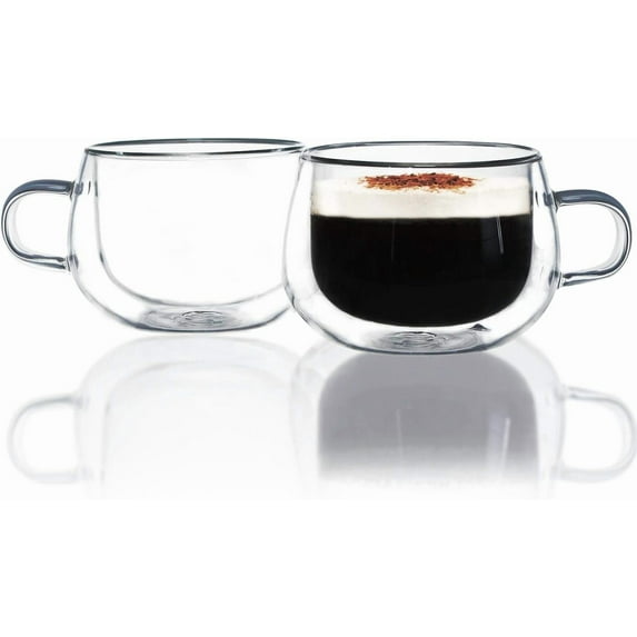 Kitchenexus Glass Espresso cups, Set of 2 5oz Double Wall Thermo Insulated Glass Espresso Shot Cups Set with Handle, Espresso Mug, Coffee Cups for Espresso and Cappuccino, Great Gift for Coffee Lover