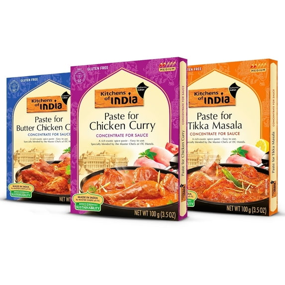 Kitchens of India Butter Chicken Curry Paste, Tikka Masala & Chicken Curry, Gluten-Free, 3.5 oz (Pack of 3)