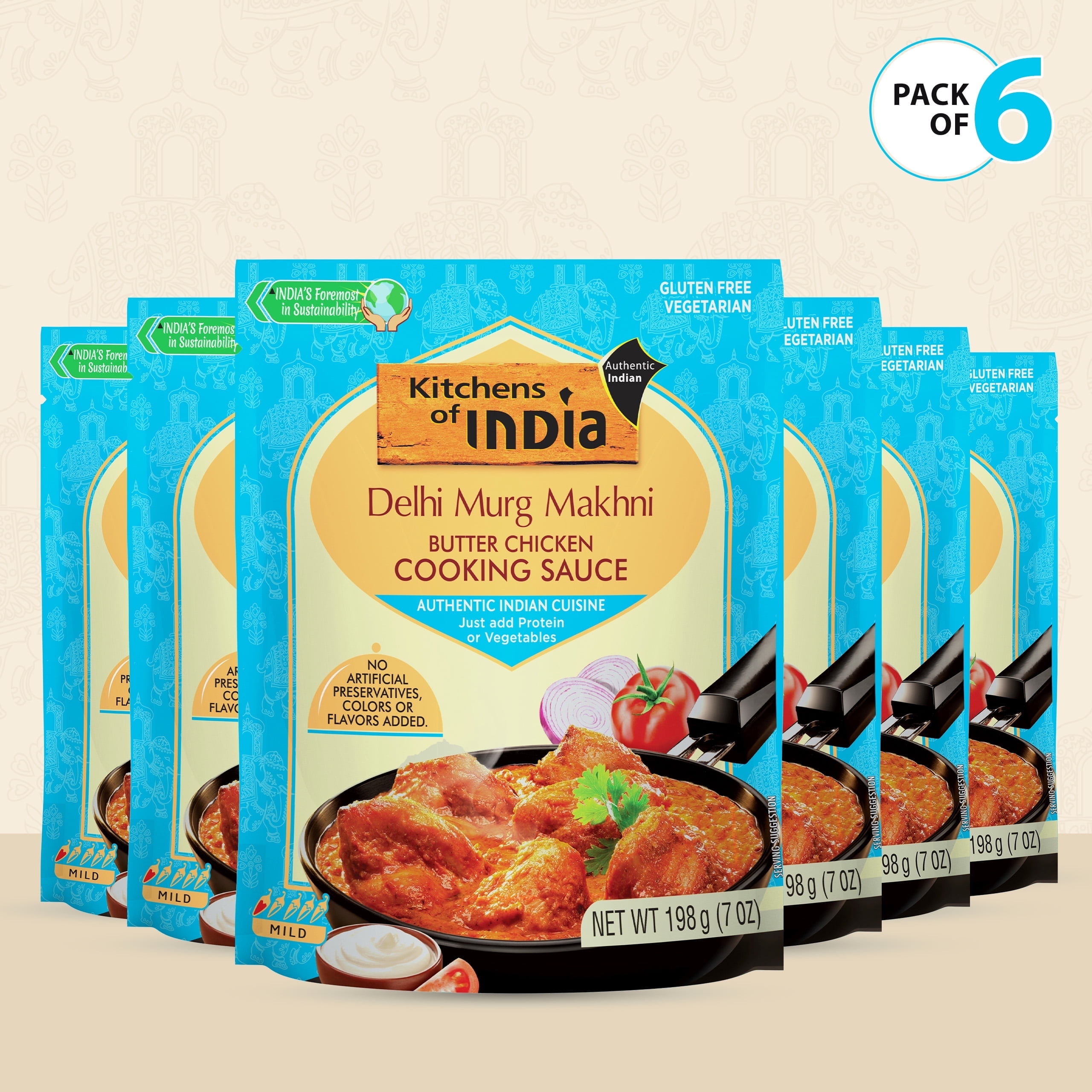 Kitchens of India Delhi Murgh Makhni Butter Chicken Simmer Sauce (7 oz, Pack of 6), Easy to Use Sauce for Authentic Indian Dish, Gluten-Free, Vegetarian