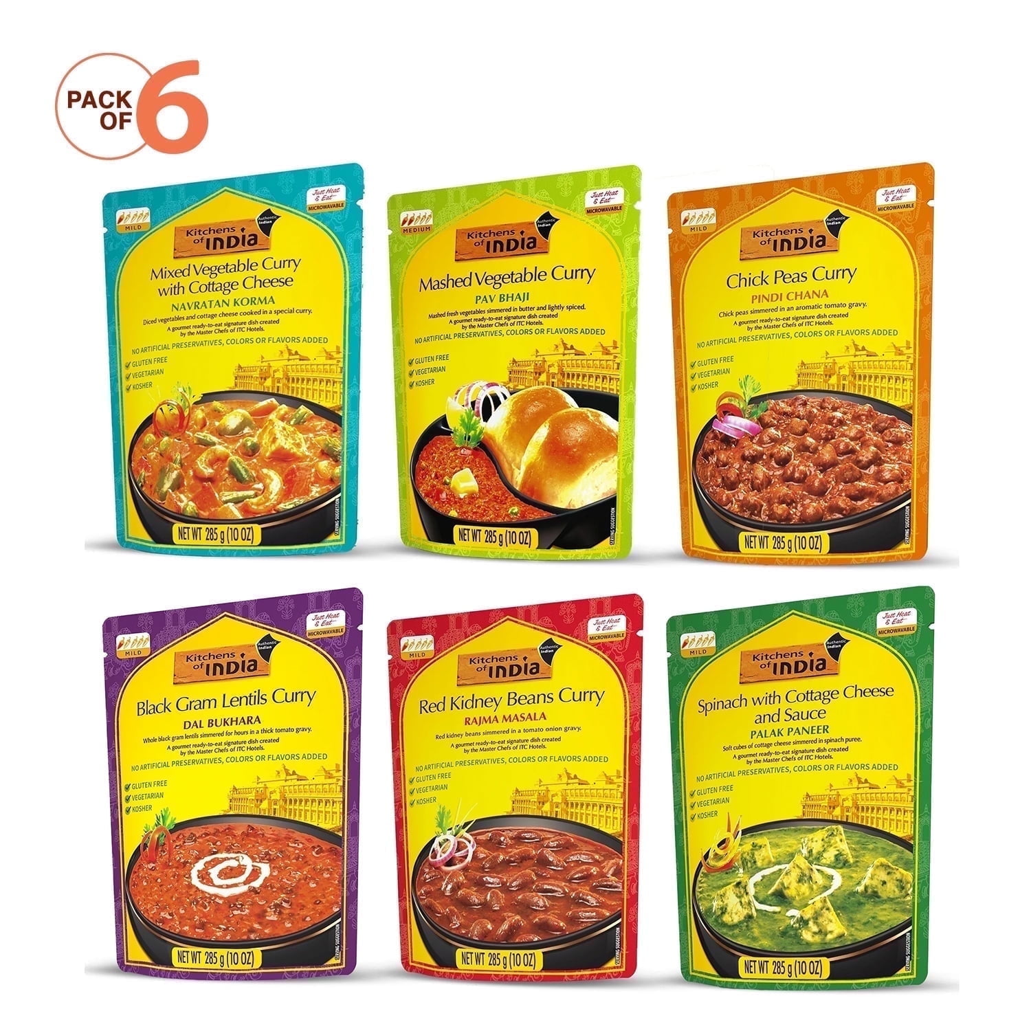 Kitchens of India Ready-to-Eat Dinner Variety Pack, (Pack of 6) Authentic Indian Dish No Preservatives Added 10 oz (Korma, Pav Bhaji, Pindi Chana, Dal Bukhara, Rajma, and Palak Paneer)