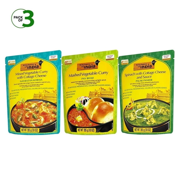 Kitchens of India Ready-to-Eat Variety pack, 3 Authentic Indian Dishes, 10 oz.