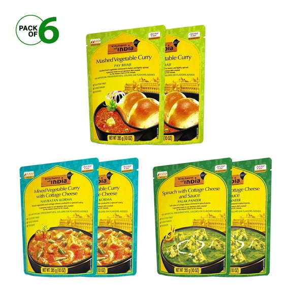 Kitchens of India Ready-to-Eat Variety Pack Indian Dish No Preservatives Added 10 oz. (Navratan Korma, Pav Bhaji, Cottage Cheese Palak Paneer - Pack of 6)