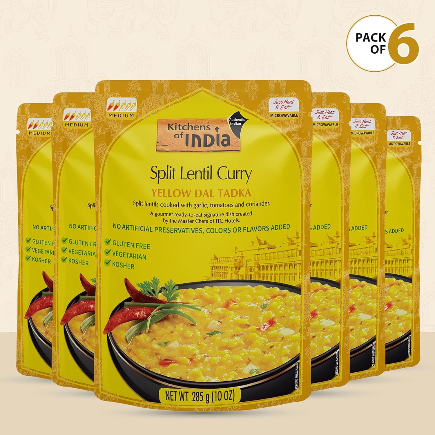 Kitchens of India Ready to Eat Fresh Split Lentil Curry, (10 oz, pack of 6) Yellow Dal Tadka No Preservatives Added