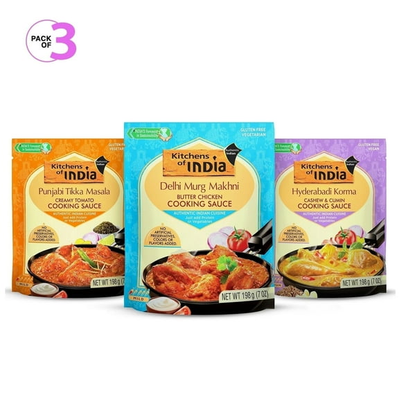 Kitchens of India Butter Chicken, Tikka Masala & Korma Simmer Sauce Variety Pack, 7 oz, Pack of 3