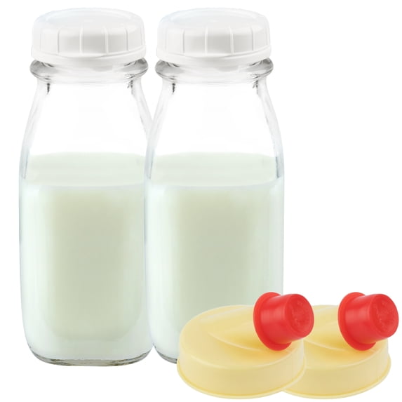 Kitchentoolz 12 oz Square Glass Milk Bottle with Lids and Pour Spout - US Made -Pack of 2