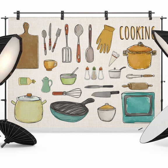 Kitchenware Backdrop for Photography,Fabric Photo Background Backdrop,Vintage Kitchen Cooking Tool Retro Beige Photo Booth Background for Portrait Photoshoot Video Wedding Decoration Banner 8x6ft