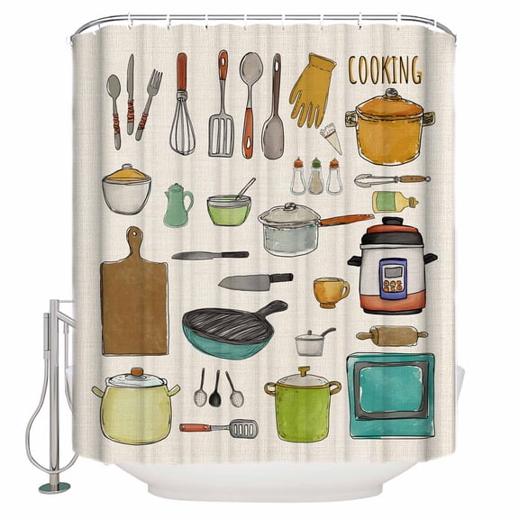 Kitchenware Bathroom Shower Curtains with 12 Hooks Polyester Waterproof Shower Curtain for Stalls and Bathtubs Vintage Kitchen Cooking Tool Retro Beige Decorative Bathroom Curtain 36x72 Inches