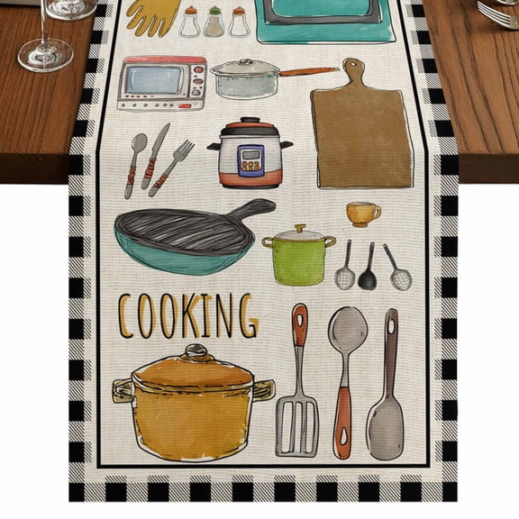 Kitchenware Burlap Cotton Table Runner 13x72 Inches Long, Vintage Kitchen Cooking Tool White Black Checkered Farmhouse Table Runners, Outdoor Dining Tablecloths Decor for Baby Shower/Party/Wedding