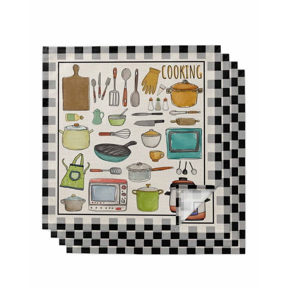 Kitchenware Cloth Napkins Set of 4 Reusable Dinner Napkins, Vintage Kitchen Cooking Tool White Black Checkered Cocktail Napkin Washable Table Napkins for Wedding/Holiday Party/Baby Shower 20"x20"
