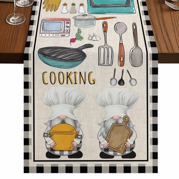Kitchenware Gnomes Burlap Cotton Table Runner 13x60 Inches Long, Kitchen Cooking Tool Retro Plaid Farmhouse Table Runners, Outdoor Dining Tablecloths Decor for Baby Shower/Party/Wedding