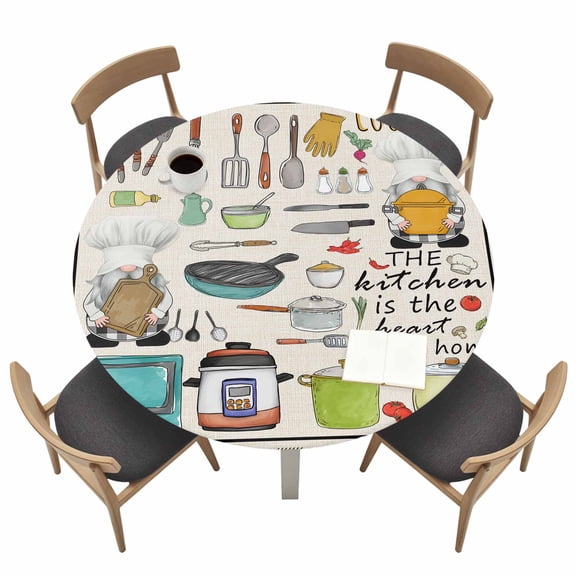 Kitchenware Gnomes Fitted Tablecloth with Elastic Edged, Round Table Cloth for Dining Table, Kitchen Cooking Tool Retro Plaid Waterproof Oil Proof Table Cover for Indoor Outdoor 45"-54"