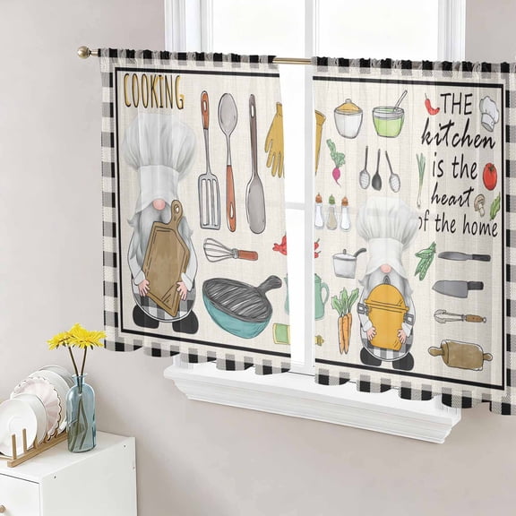 Kitchenware Gnomes Semi Sheer Curtains 54 Inch Length 2 Panels Set, Kitchen Cooking Tool Retro Plaid Sheer Kitchen Curtain Privacy Voile Window Curtain for Living Room Bedroom Rod Pocket Drapes