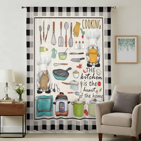 Kitchenware Gnomes Sheer Curtains 63 Inches Long, Kitchen Cooking Tool Retro Plaid Light Filering Curtains, Breathable Simi Curtain Privacy Drapes for Living Room Bedroom Lightweight Window Treatment