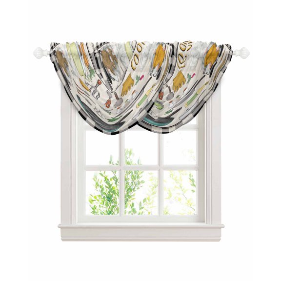 Kitchenware Gnomes Sheer Waterfall Valance Curtains for Window, Kitchen Cooking Tool Retro Plaid Rod Pocket Sheer Topper Swag Curtains for Living Room, Kitchen 38.5"W x 47.2"L, 2 Panels
