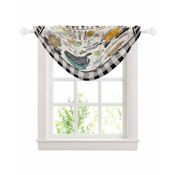 Kitchenware Gnomes Sheer Waterfall Valance Curtains for Window, Kitchen Cooking Tool Retro Plaid Rod Pocket Sheer Topper Swag Curtains for Living Room, Kitchen 38.5"W x 47.2"L, 1 Panel